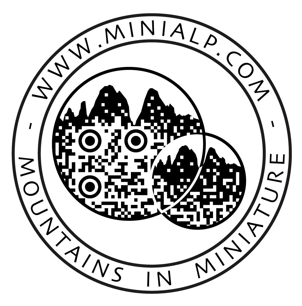 minialp, logo, berge im miniaturformat, qr, code